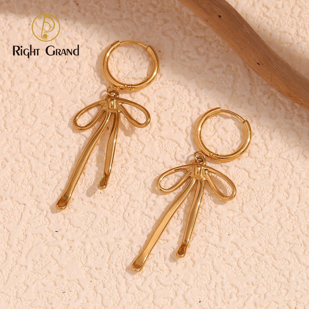 Right Grand Minimalist Fashion Elegant Girls Women Jewelry Gold Plated Stainless Steel Long Butterfly Bowknot Earrings