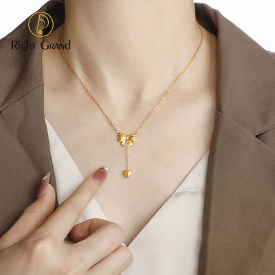Right Grand Minimalist Cute Sweet Girl Waterproof Fashion Jewelry Gift Gold Plated Long Heart Pendant Dangle Bow Necklace