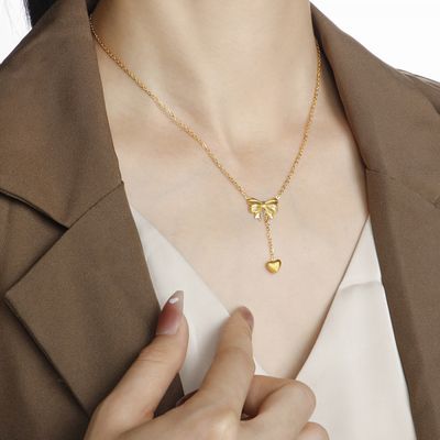 Right Grand Minimalist Cute Sweet Girl Waterproof Fashion Jewelry Gift Gold Plated Long Heart Pendant Dangle Bow Necklace