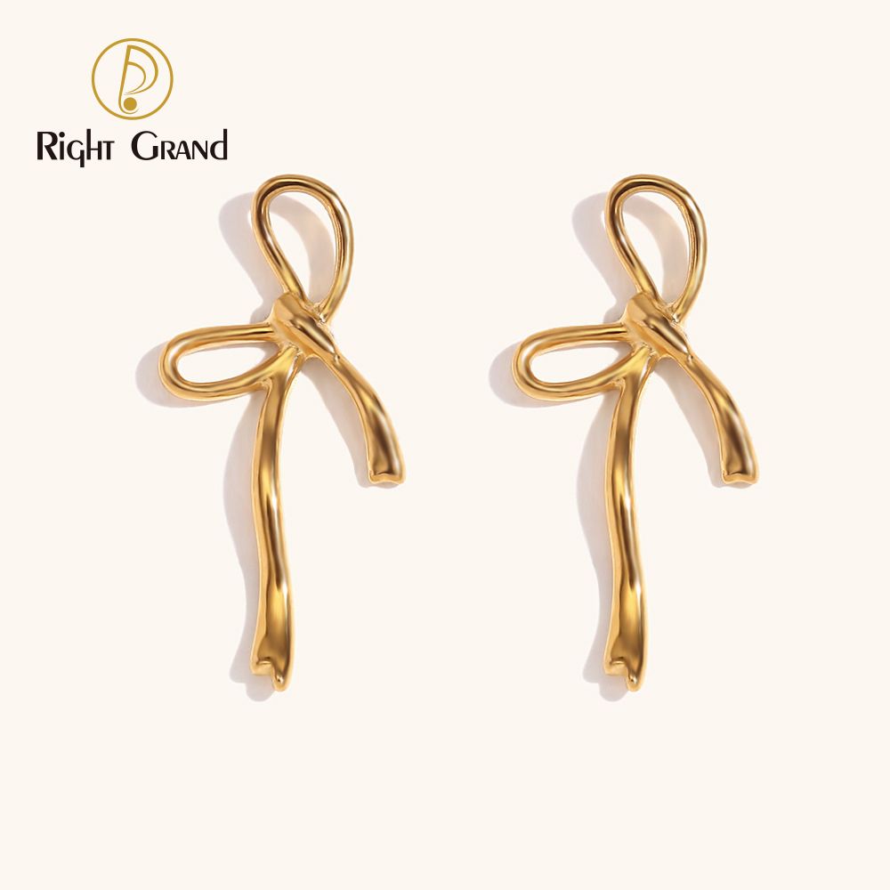 Right Grand Daily Wear Fancy Cute Girls Fashion Women Jewelry Gift Gold Plated Bow Stainless Steel Stud Earrings