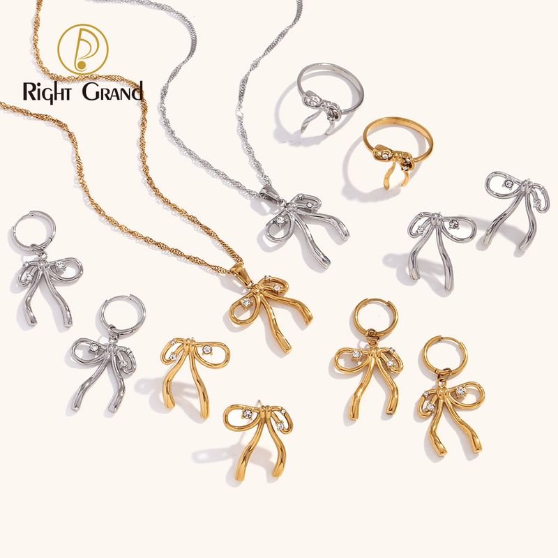 Right Grand Fashion Women 18K Gold Plated Stainless Steel Bow Knot Necklace Earring Set