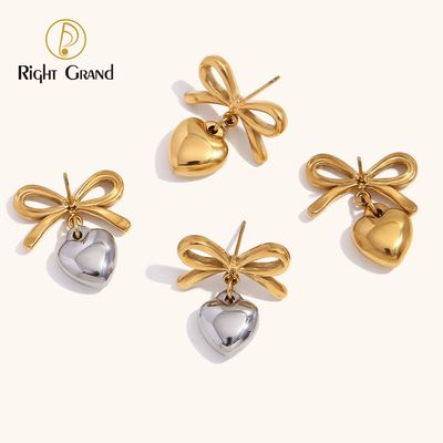 Right Grand Wholesale Fashion Women Jewelry Stainless Steel Gold Plated Two Tone Drop Bow Love Heart Earrings