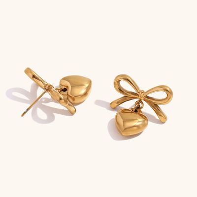 Right Grand Wholesale Fashion Women Jewelry Stainless Steel Gold Plated Two Tone Drop Bow Love Heart Earrings