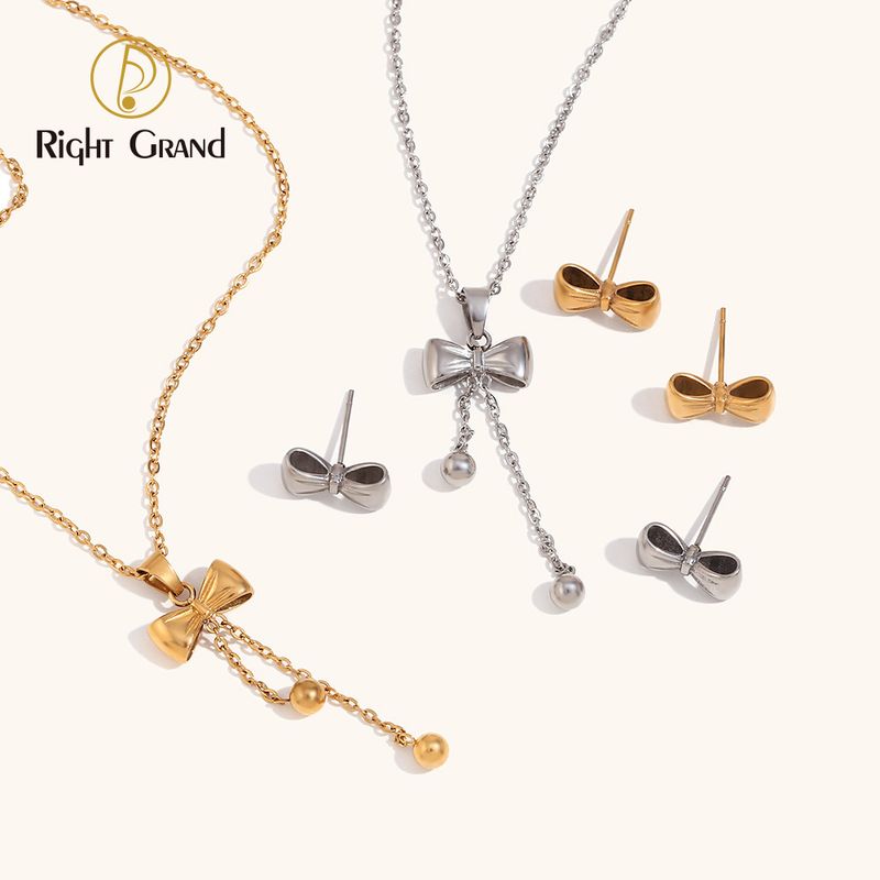 Right Grand New Trend Women 2024 Tarnish Free 18K Gold Plated Stainless Steel Bow Knot Necklace Earring Jewelry Set