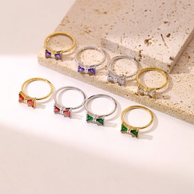 Right Grand New Dainty Cute Women Girls Jewelry Gold Plated Stainless Steel Cubic Zirconia Pink Chunky Bow Ring