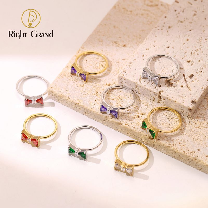 Right Grand New Dainty Cute Women Girls Jewelry Gold Plated Stainless Steel Cubic Zirconia Pink Chunky Bow Ring