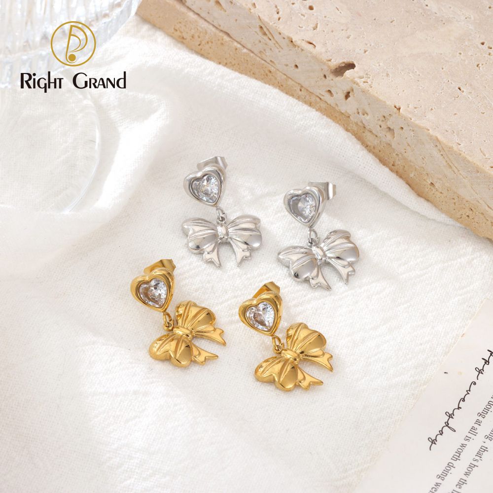 Right Grand New Luxury Elegant Women Jewelry Gift Stainless Steel Gold Plated Cubic Zirconia Drop Bow Heart Earrings
