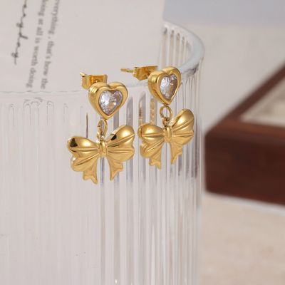 Right Grand New Luxury Elegant Women Jewelry Gift Stainless Steel Gold Plated Cubic Zirconia Drop Bow Heart Earrings