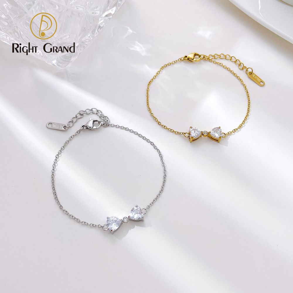 Right Grand Minimalist Cute Gold Plated Women Fashion Jewelry Stainless Steel Cubic Zirconia Bow Bracelet