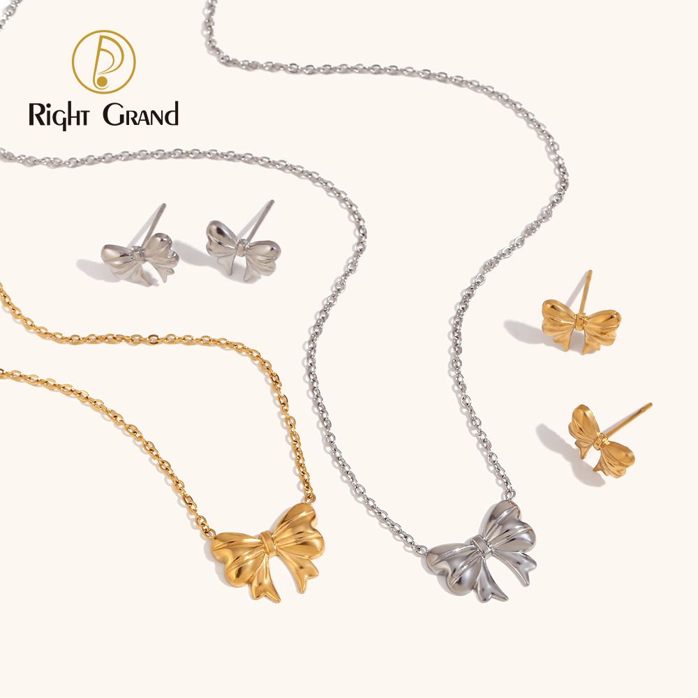Right Grand Female Delicate Non Tarnish 18K Gold Plated Hypoallergenic Stainless Steel Bow Knot Women Jewelry Set