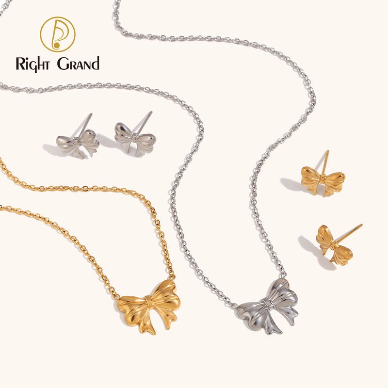 Right Grand Female Delicate Non Tarnish 18K Gold Plated Hypoallergenic Stainless Steel Bow Knot Women Jewelry Set