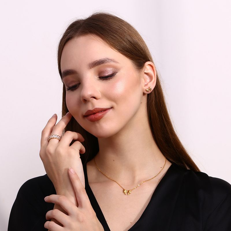 Right Grand Female Delicate Non Tarnish 18K Gold Plated Hypoallergenic Stainless Steel Bow Knot Women Jewelry Set