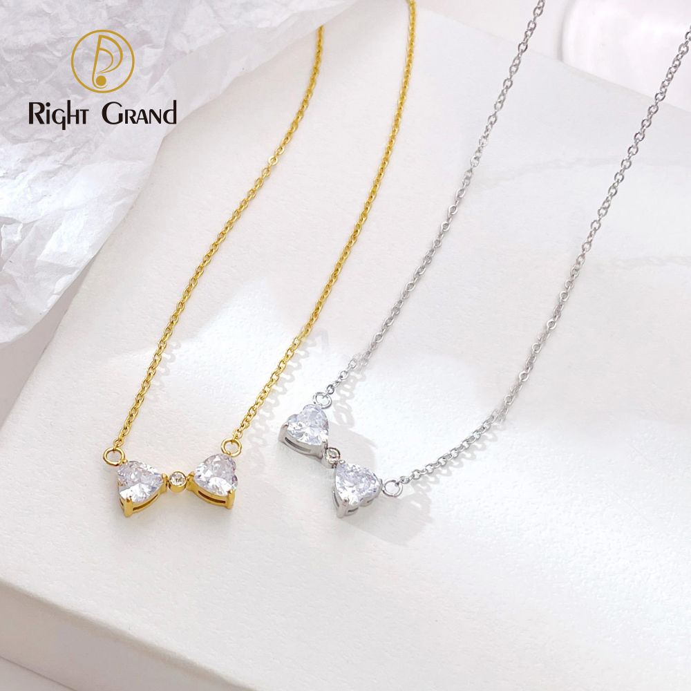 Right Grand Simple Cute Sweet Girl Women Fashion Jewelry Gift Gold Plated Cubic Zirconia Bow Pendant Necklace