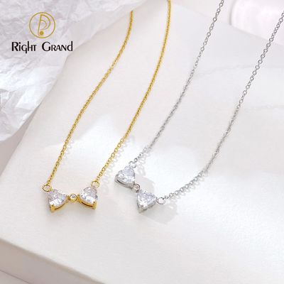 Right Grand Simple Cute Sweet Girl Women Fashion Jewelry Gift Gold Plated Cubic Zirconia Bow Pendant Necklace