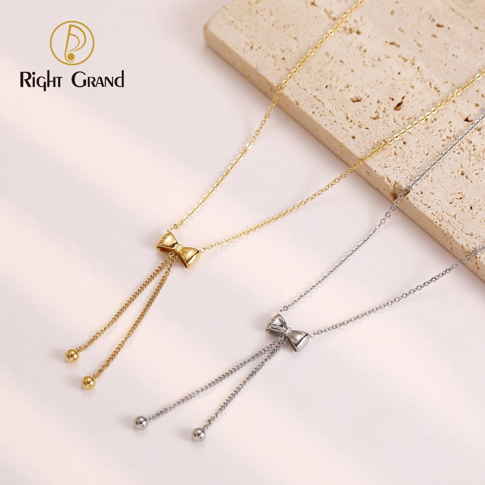 Right Grand Ladies Cute Bowknot Fashion Jewelry Stainless Steel Gold Plated Long Dangle Bow Pendant Necklace