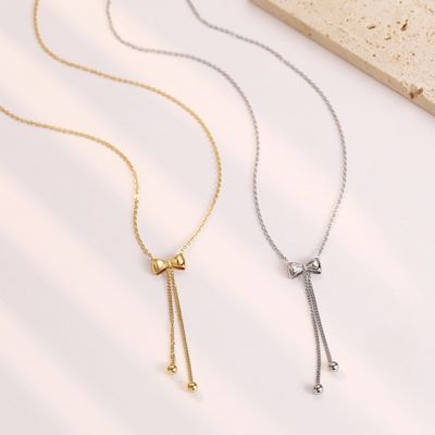 Right Grand Ladies Cute Bowknot Fashion Jewelry Stainless Steel Gold Plated Long Dangle Bow Pendant Necklace