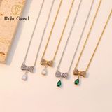 Right Grand Luxury Simple Cute Woman Fashion Jewelry Stainless Steel Gold Plated Zircon Water Drop Pendant Bow Necklace