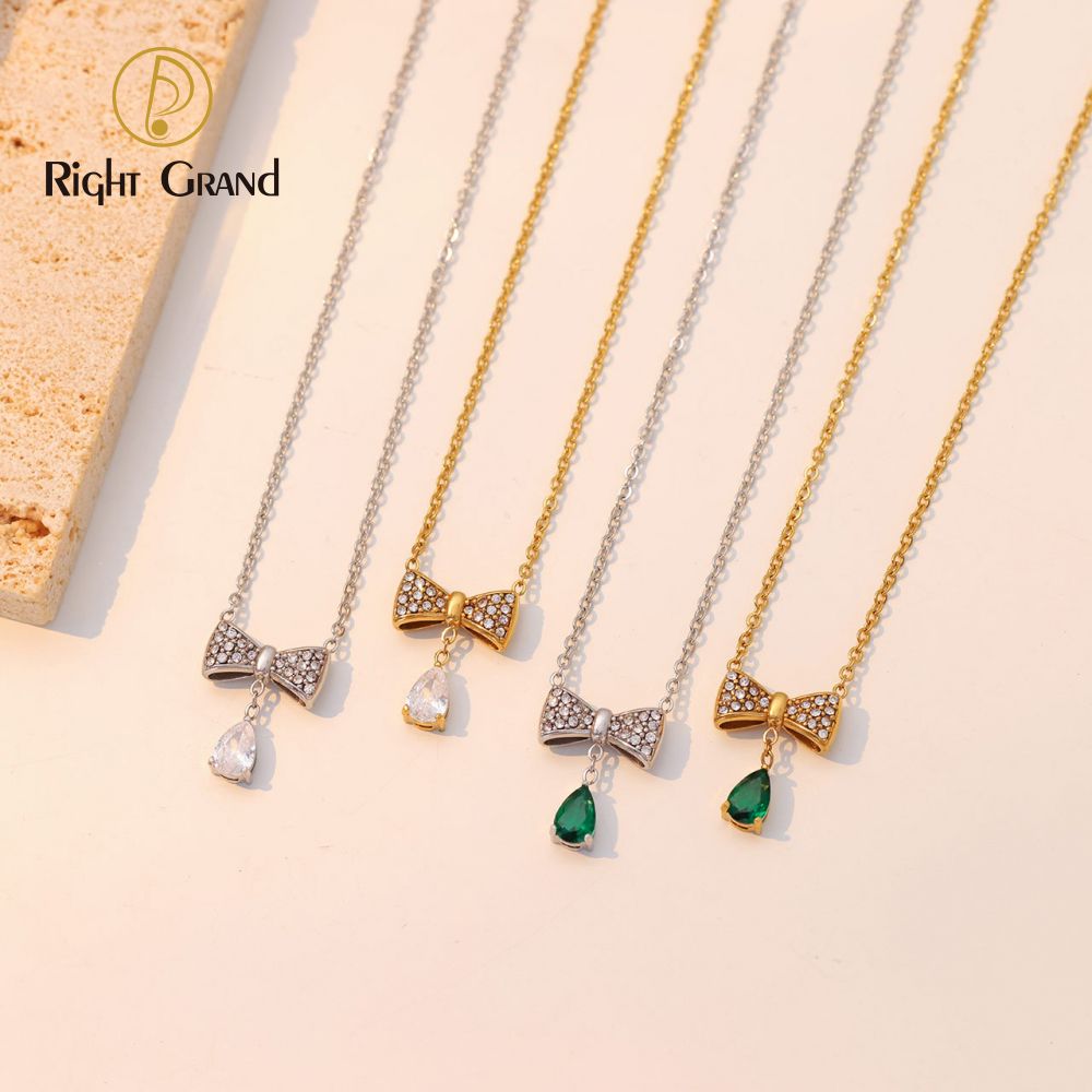 Right Grand Luxury Simple Cute Woman Fashion Jewelry Stainless Steel Gold Plated Zircon Water Drop Pendant Bow Necklace