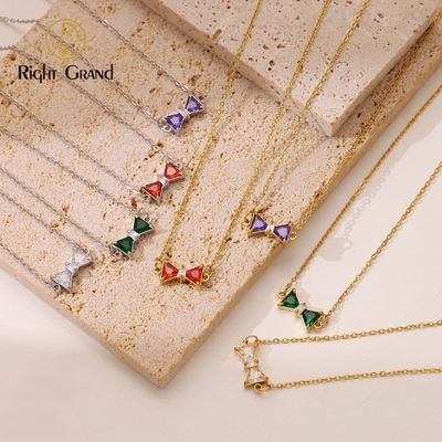 Right Grand Luxury Dainty Female Fashion Jewelry Stainless Steel Gold Plated Bow Knot Pendant Cubic Zirconia Necklace