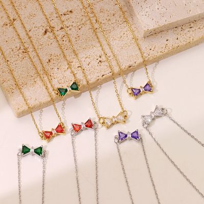 Right Grand Luxury Dainty Female Fashion Jewelry Stainless Steel Gold Plated Bow Knot Pendant Cubic Zirconia Necklace