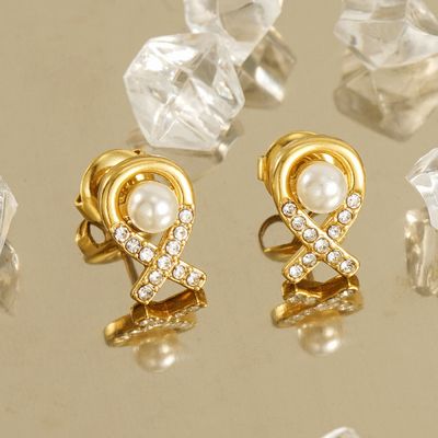 Right Grand Fashion Jewelry Stainless Steel Gold Airplane Pearl Cubic Zirconia Cute Stud Earrings