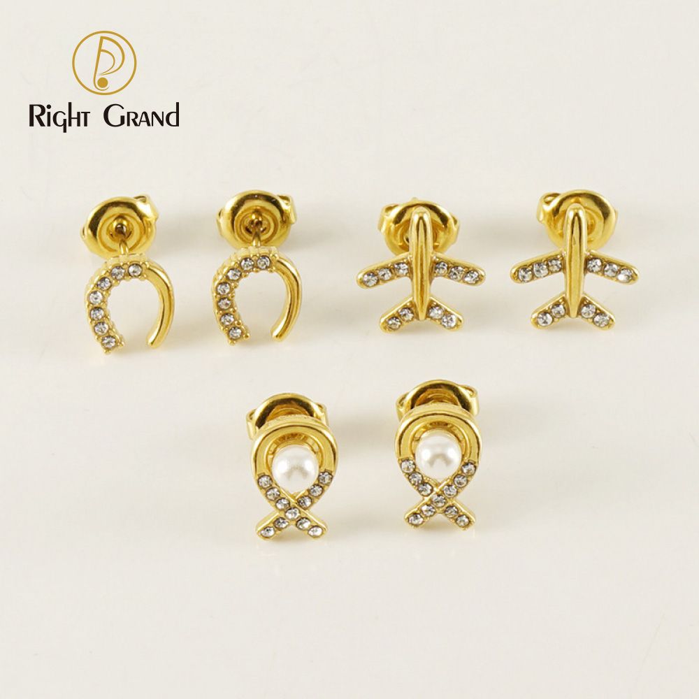 Right Grand Fashion Jewelry Stainless Steel Gold Airplane Pearl Cubic Zirconia Cute Stud Earrings