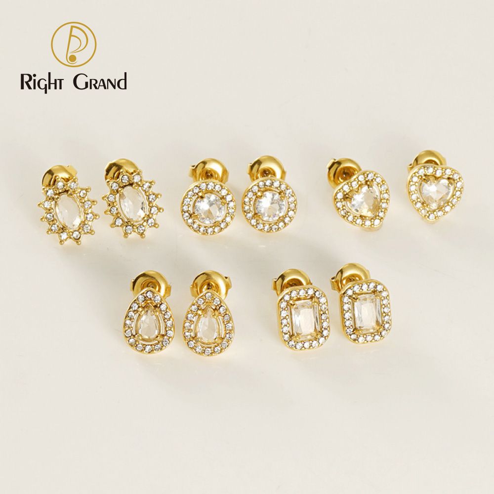 Right Grand Trendy Women Fine Jewelry Stainless Steel Gold Sunflower Heart Waterdrop Round Cubic Zirconia Cz Stud Earrings