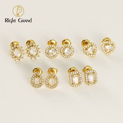 Right Grand Trendy Women Fine Jewelry Stainless Steel Gold Sunflower Heart Waterdrop Round Cubic Zirconia Cz Stud Earrings