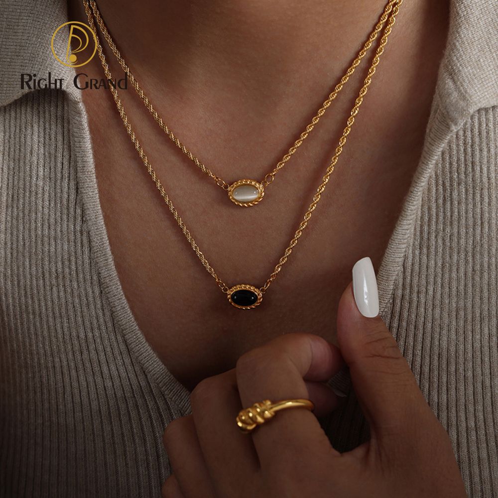 Right Grand Anti Tarnish Female Women Fashion Cats Eye Stone Jewelry Gold Plated Stainless Steel Layered Opal Necklace