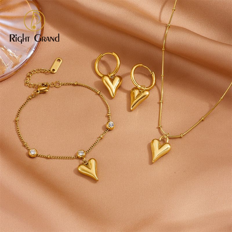 Right Grand Non Tarnish Fashion Gold Plated Stainless Steel Zircon Heart Bracelet Anklet Necklace And Earrings Jewelry Set