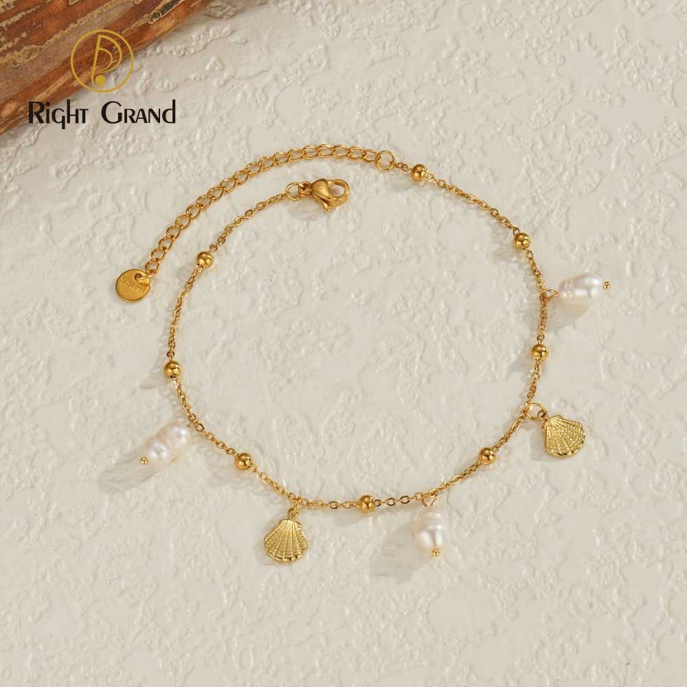 Right Grand Waterproof Summer Women Fashion Jewelry 14K Gold Plated Stainless Steel Sea Shell Fresh Water Pearl Anklet