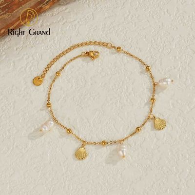 Right Grand Waterproof Summer Women Fashion Jewelry 14K Gold Plated Stainless Steel Sea Shell Fresh Water Pearl Anklet