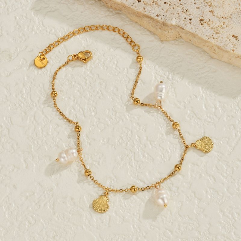 Right Grand Waterproof Summer Women Fashion Jewelry 14K Gold Plated Stainless Steel Sea Shell Fresh Water Pearl Anklet