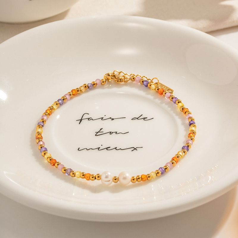 Right Grand Summer Fashion Jewelry Gold Plated Stainless Steel Freshwater Pearl Crystal Stacked Beaded Natural Stone Anklet