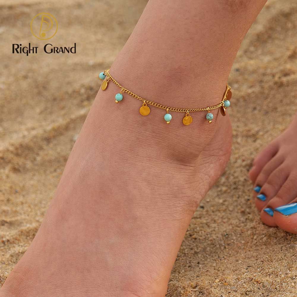 Right Grand Summer Jewelry Women 18K Gold Plated Stainless Steel Dangle Tassel Boho Turquoise Natural Stone Fashion Anklets