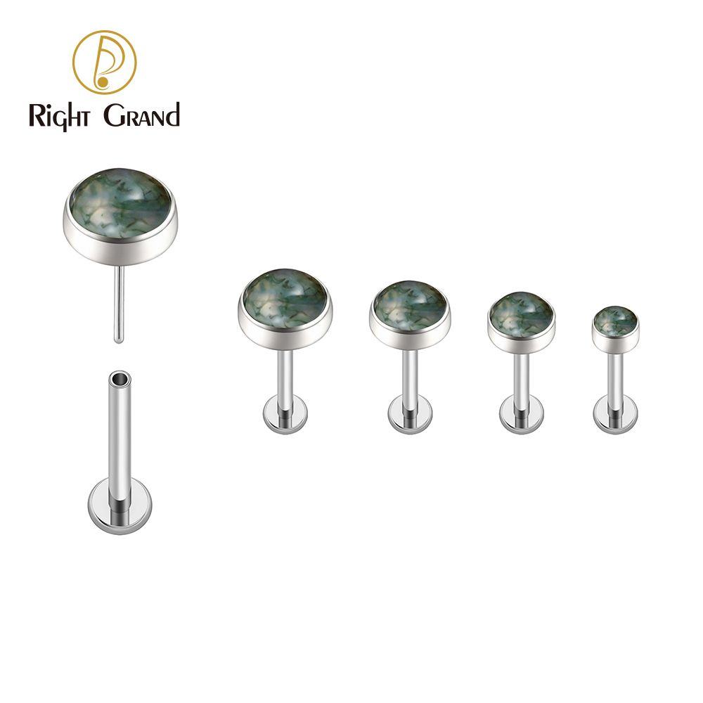 Right Grand ASTM F136 Titanium 18G/16G Moss Agate Labret Stud Threadless Natural Stone Tragus Helix Cartilage Earlobe Piercing
