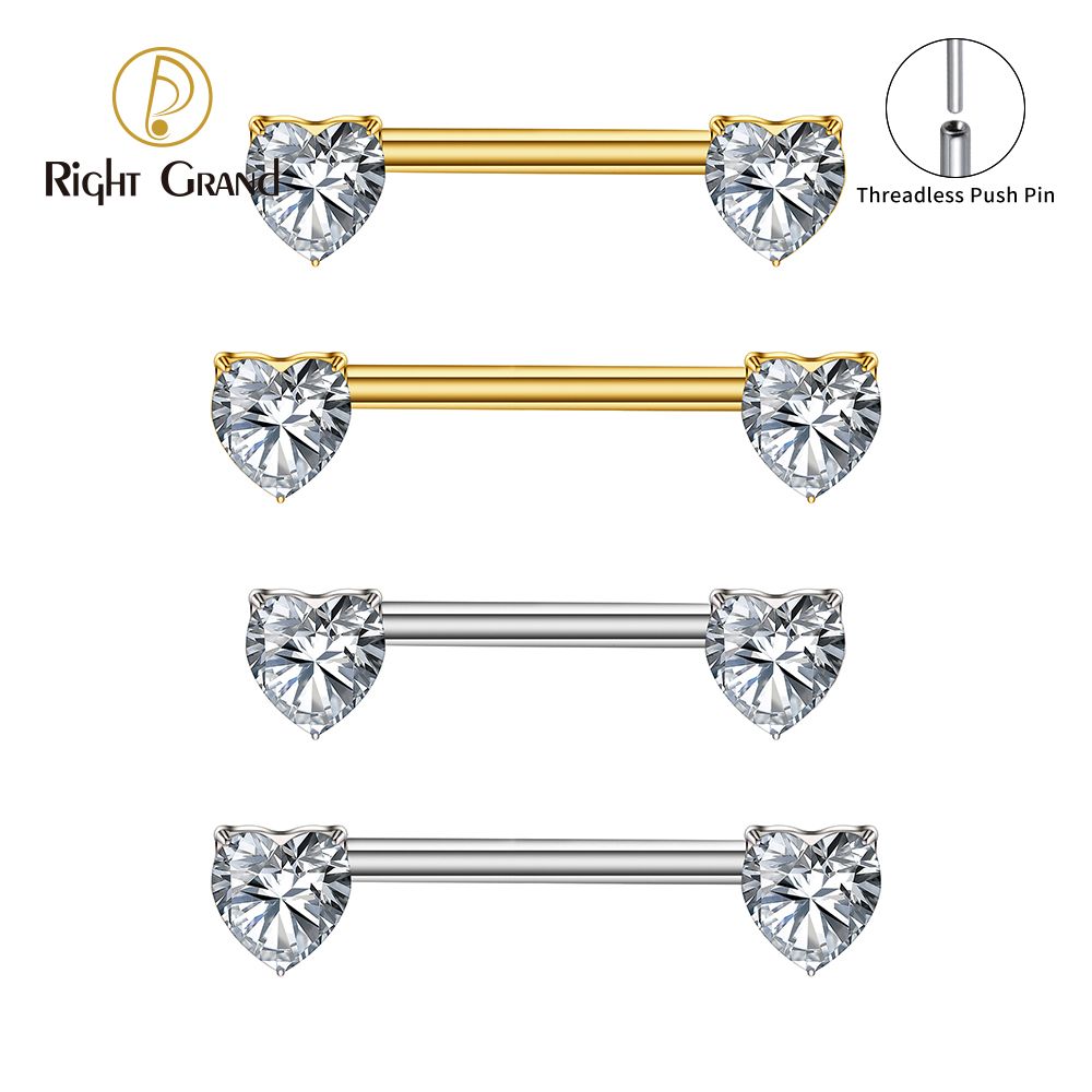 Right Grand ASTM F136 Titanium 14G Heart CZ Nipple Ring Threadless Push Pin Straight Nipple Barbell Piercing