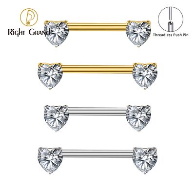 Right Grand ASTM F136 Titanium 14G Heart CZ Nipple Ring Threadless Push Pin Straight Nipple Barbell Piercing