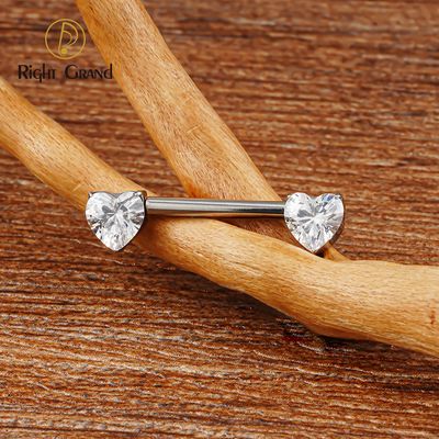 Right Grand ASTM F136 Titanium 14G Heart CZ Nipple Ring Threadless Push Pin Straight Nipple Barbell Piercing