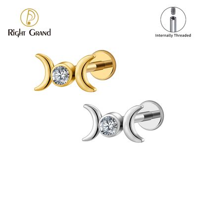 Right Grand ASTM F136 Titanium 16G Internal Thread Goddess Crescent Moon Helix Cartilage Earring CZ Triple Moon Phase Conch Tragus Nose Piercing