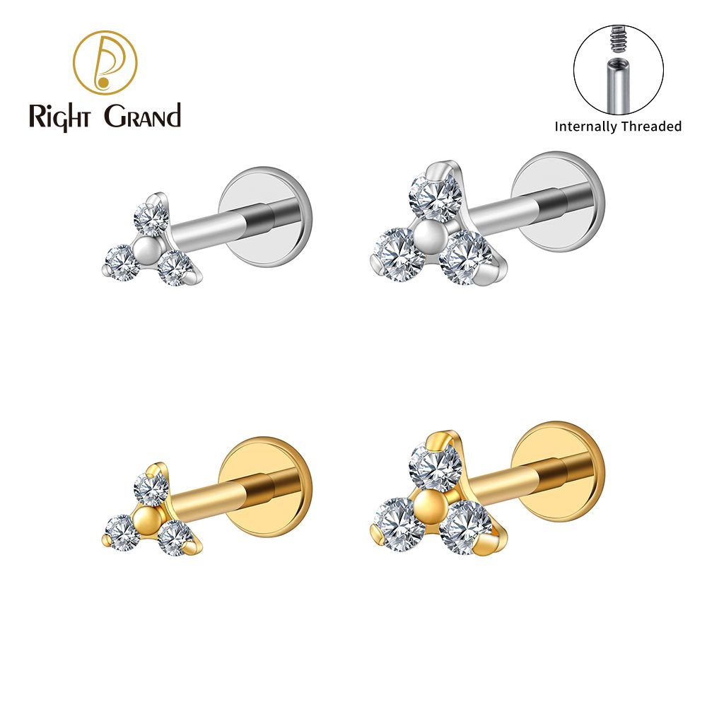 Right Grand ASTM F136 Titanium 16G Internal Thread Triple CZ Cartilage Helix Earring Trinity CZ Tragus Stud Conch Earlobe Lip Piercing