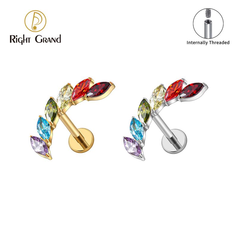 Right Grand ASTM F136 Titanium 16G Internal Thread Marquise CZ Curved Vine Climber Helix Earring Stud Upper Ear Cartilage Conch Piercing