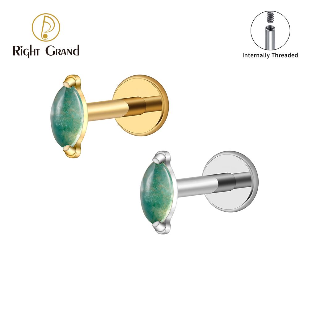 Right Grand ASTM F136 Titanium 16G Internal Thread Marquise Moss Agate Cartilage Earring Helix Stud Tragus Conch Stud Flat Back Ear Piercing