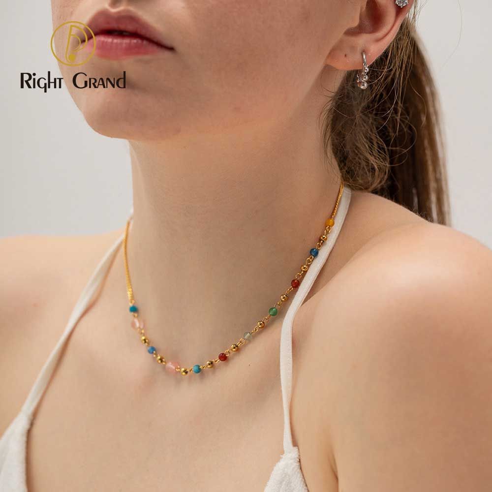 Right Grand Summer Boho Beach Fashion Women Girls Stainless Steel Gold Plated Freshwater Pearl Natural Stone Beads Necklace