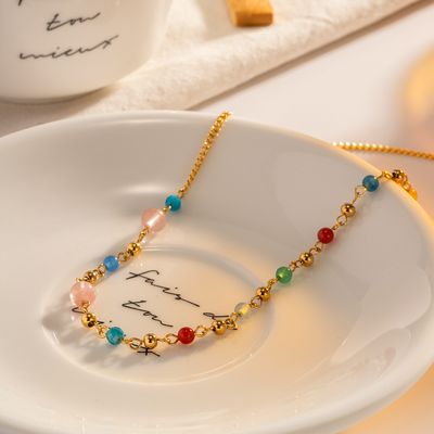 Right Grand Summer Boho Beach Fashion Women Girls Stainless Steel Gold Plated Freshwater Pearl Natural Stone Beads Necklace