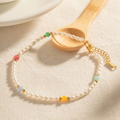 Right Grand Summer Fashion Tarnish Free No Fade Gold Plated Jewelry Stainless Steel Glass Pearl Colorful Natural Stone Anklets
