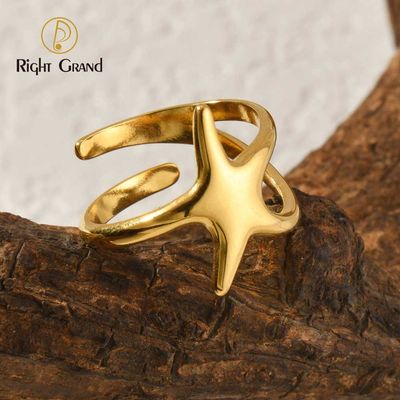 Right Grand Trendy Women Jewelry Summer Beach Starfish Fashion Gold Plated Stainless Steel Adjustable Open Star Ring