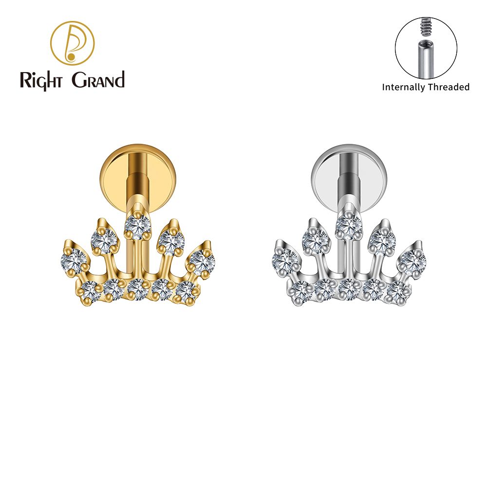 Right Grand ASTM F136 Titanium 16G CZ Internal Thread Crown Cartilage Earring Princess Crown Tiara Helix Stud Tragus Conch Piercing
