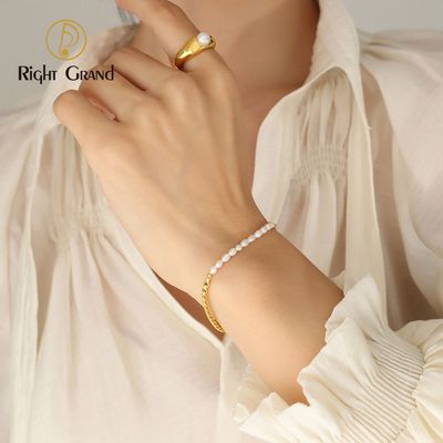 Right Grand Women Fashion Jewelry Dainty Ot Clasp Stainless Steel Rope Chain 18K Gold Freshwater Pearl Bracelet