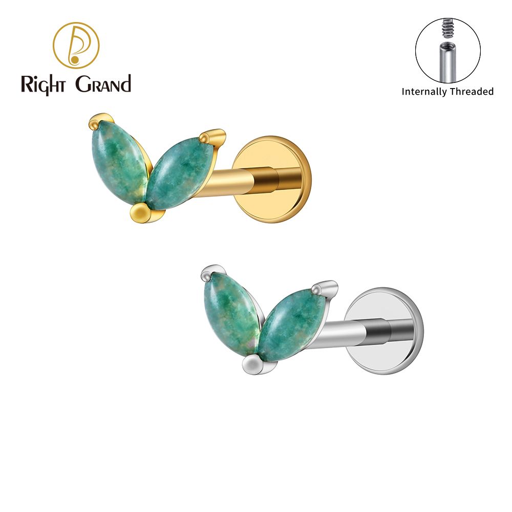 Right Grand ASTM F136 Titanium 16G Internal Thread Double Marquise Moss Agate Cartilage Flat Back Labret Earring Tragus Helix Stud Nose Piercing